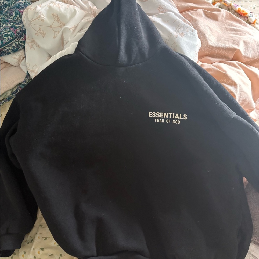 Essentials Black Pullover Hoodie with Subtle Logo Plate